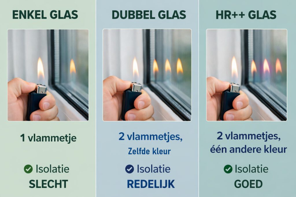 Welk type glas, bepalen welk type glas, controleren welk type beglazing, enkel glas, dubbel glas, HR++, triple glas, Welk glas in ramen,
